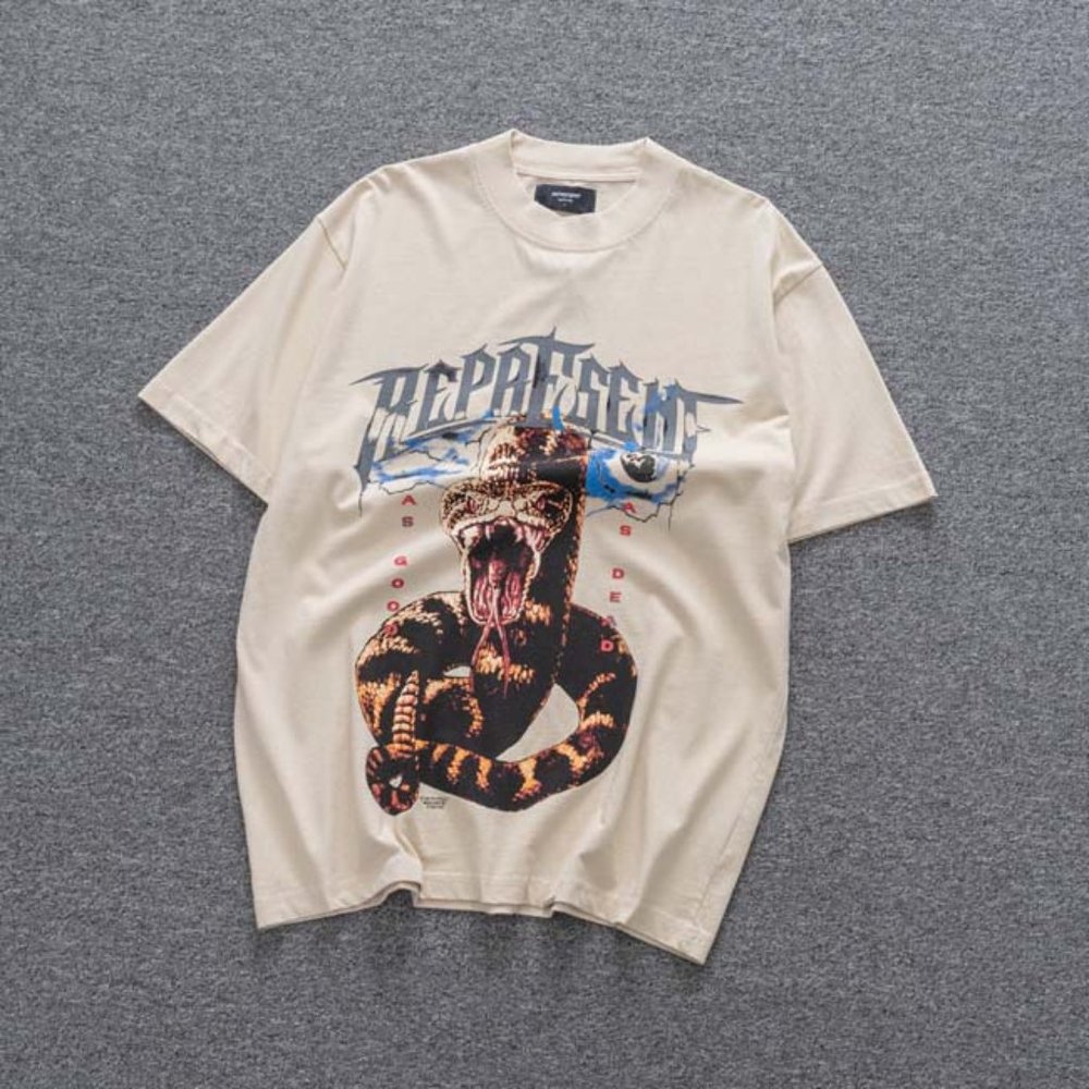 Represent Rattlesnake Cobra Print Cream T-Shirt